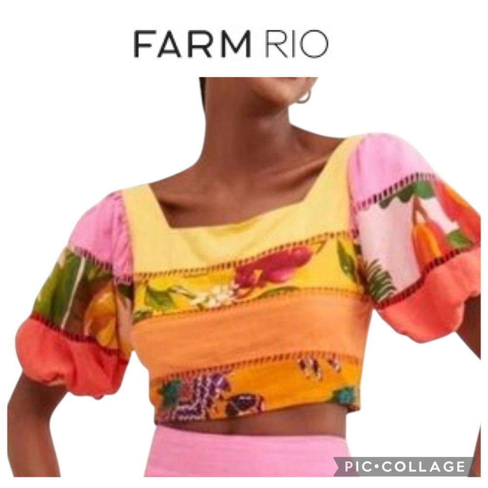 Farm Rio Rainbow Mixed Floral Print Tiered cropped Top Size M